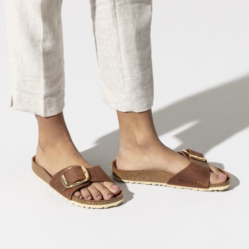 Birkenstock Big Buckle Madrid Sandals Cognac Oiled Leather Size 37